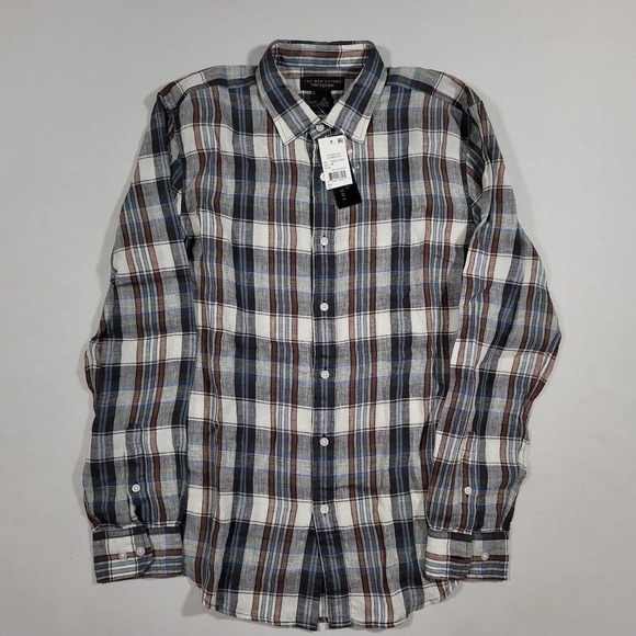 The Mens Store Grey Blue Plaid Woven Linen Shirt Mens Medium - Picture 2 of 4